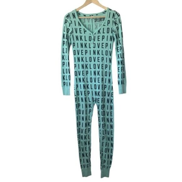 Victoria's Secret PINK Aqua/Black Waffle Knit Love Pink Onesie Sz XS - Picture 1 of 9